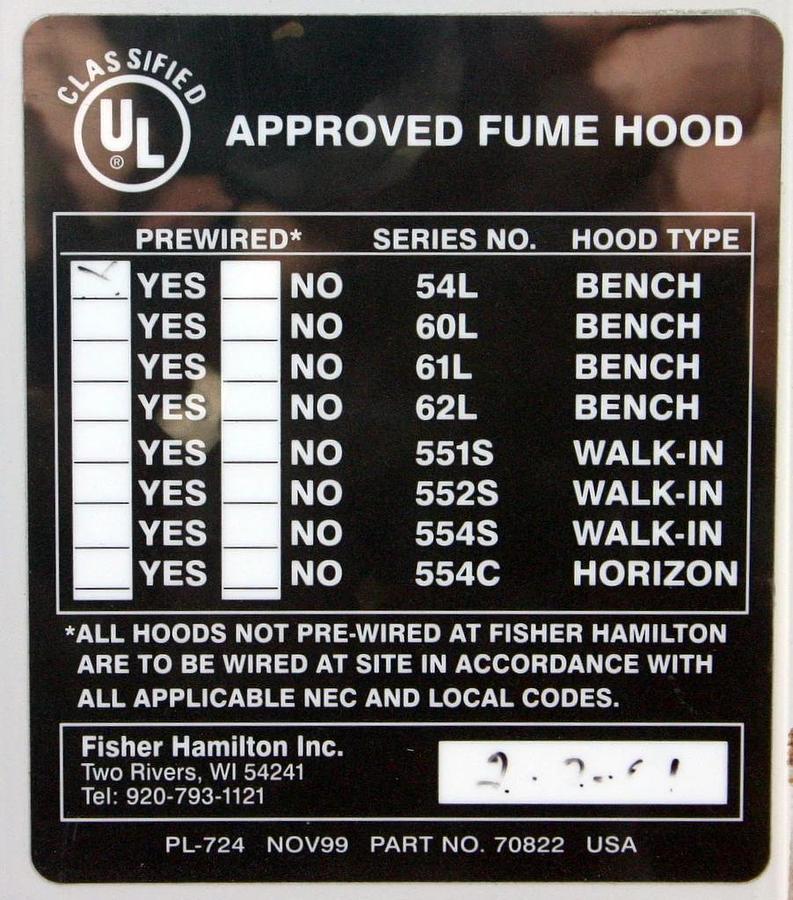 FISHER HAMILTON SAFEAIRE S/S FUME HOOD, 6 FOOT, MODEL HM54L (CREME)