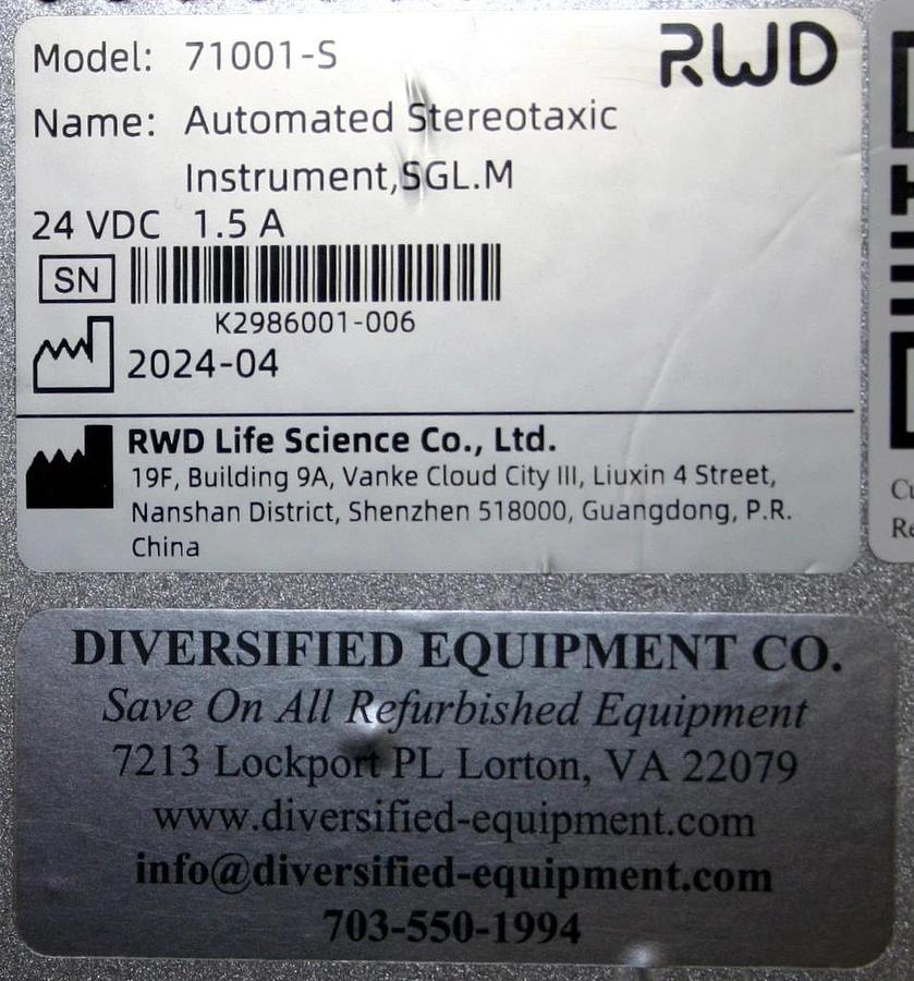 RWD AUTOMATED MOTORIZED STEREOTAXIC INSTRUMENT, MODEL 71001-S, INJECTOR & LAPTOP