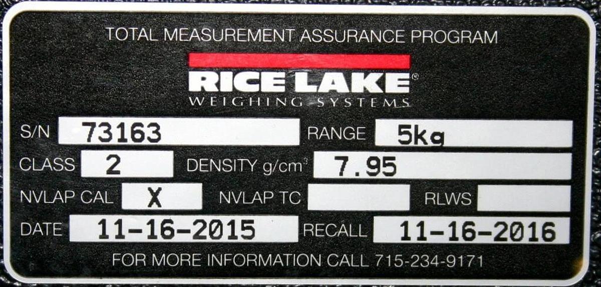 Used RICE LAKE 5KG SS CYLINDRICAL CALIBRATION WEIGHT, CLASS 2 WITH CASE