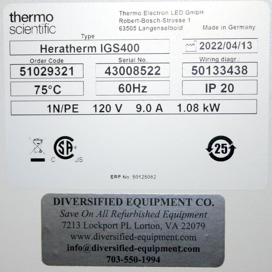 Used 2022 Thermo Scientific Incubator Heratherm IGS400
