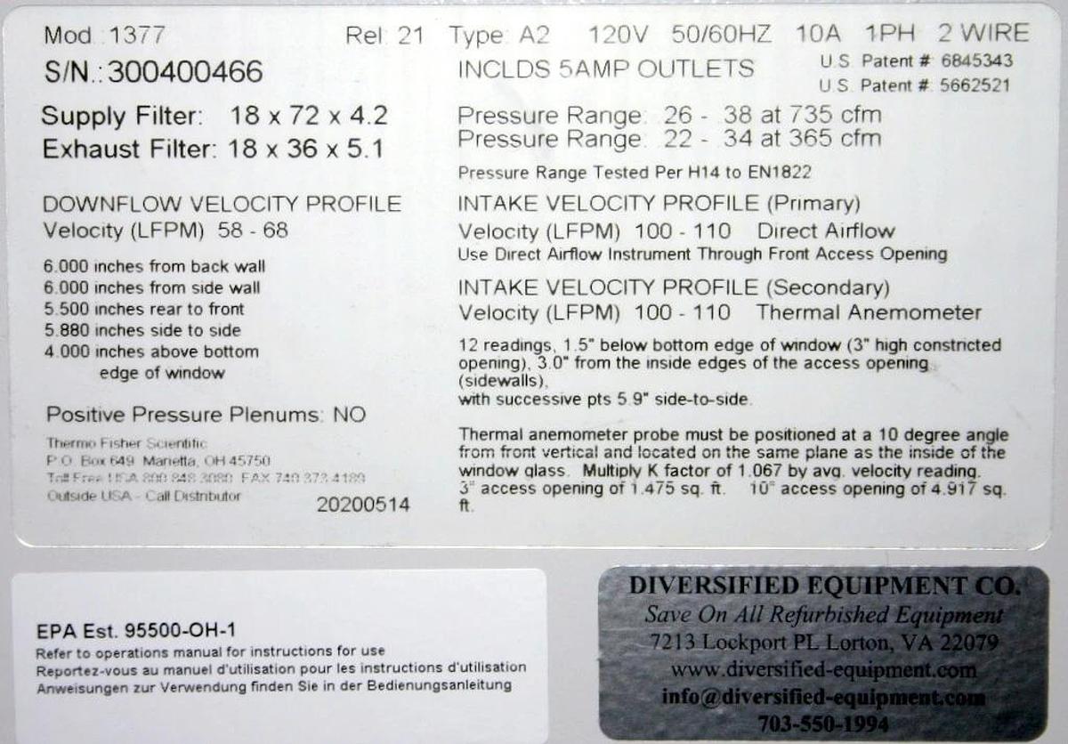 Used THERMO SCIENTIFIC 1377 CLASS II, A2, 6' BIOLOGICAL SAFETY CABINET, 1300 SERIES