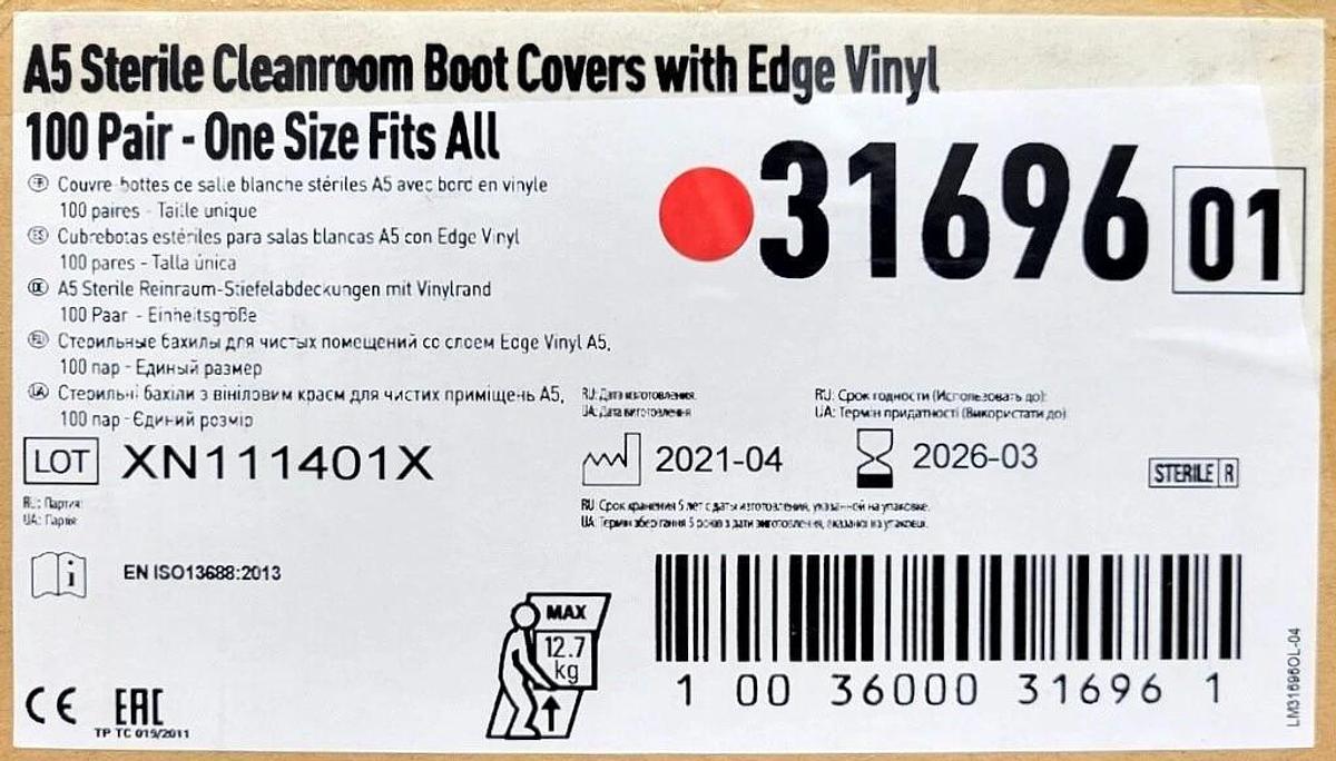 Used KIMBERLY-CLARK KIMTECH A5 STERILE CLEANROOM BOOT COVERS W/ EDGE VINYL 31696, PPE