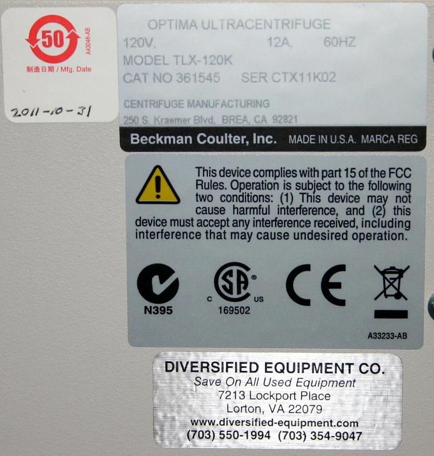 BECKMAN COULTER ULTRACENTRIFUGE, MODEL OPTIMA TLX-120K, 120000 RPM