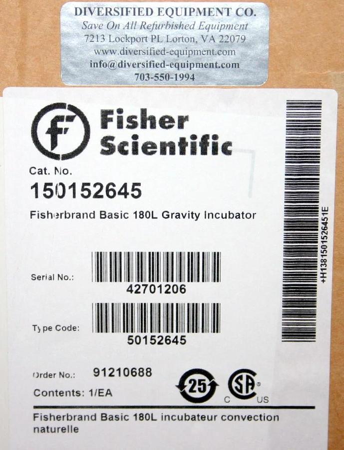 Used THERMO SCIENTIFIC FISHER 180L GRAVITY INCUBATOR, CATALOG NUMBER 50152645