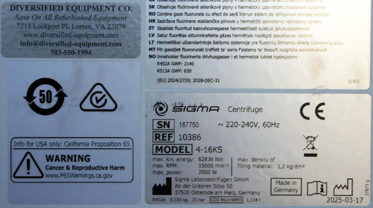 2025 SIGMA QIAGEN REFRIGERATED CENTRIFUGE, MODEL 4-16KS