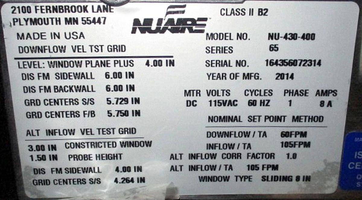 Used NUAIRE LABGUARD ES CLASS II, TYPE B2, 4' BIOLOGICAL SAFETY CABINET NU-430-400