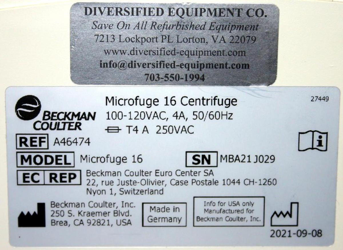 Used BECKMAN COULTER CENTRIFUGE, MICRO-CENTRIFUGE, MODEL MICROFUGE 16