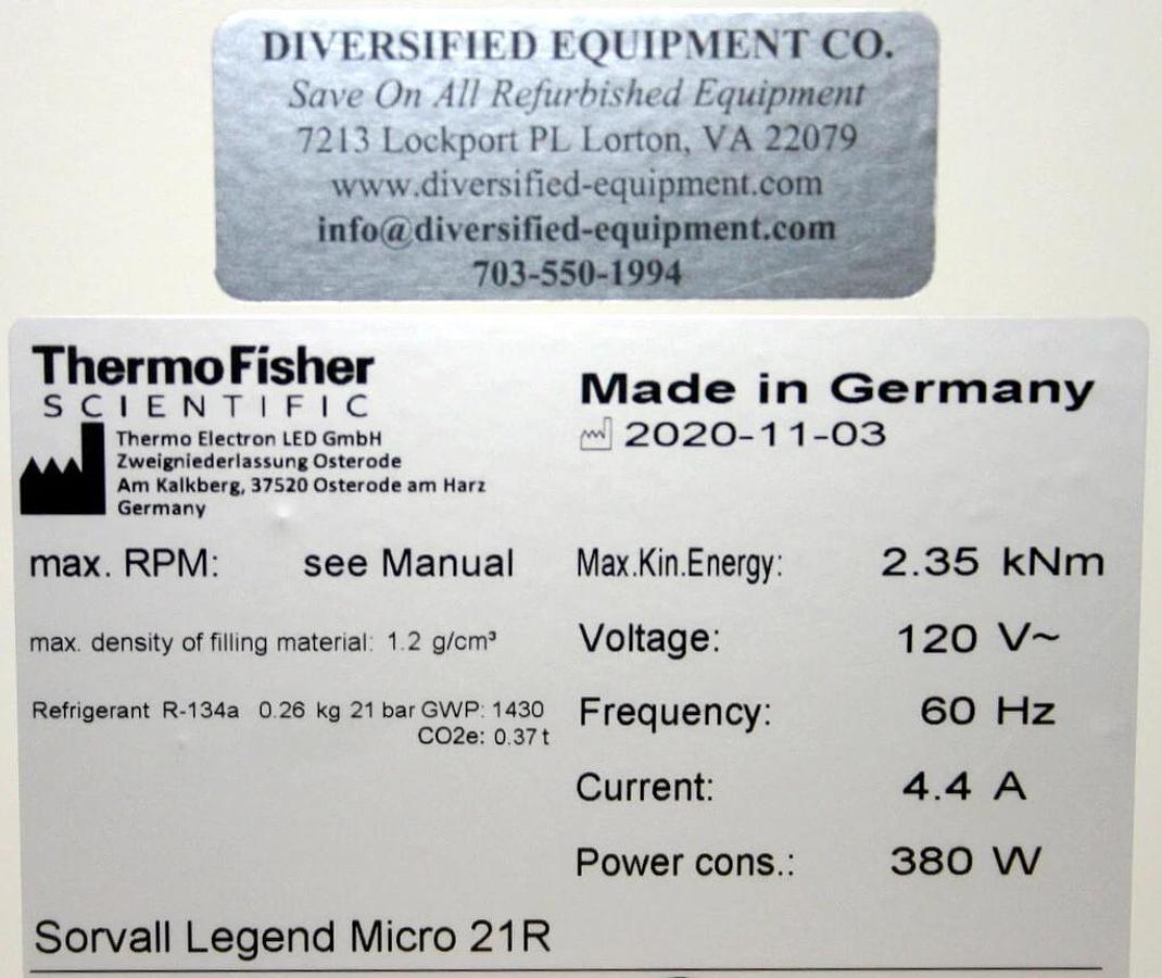 THERMO SCIENTIFIC SORVALL LEGEND MICRO 21R REFRIGERATED CENTRIFUGE, MPN 75002446