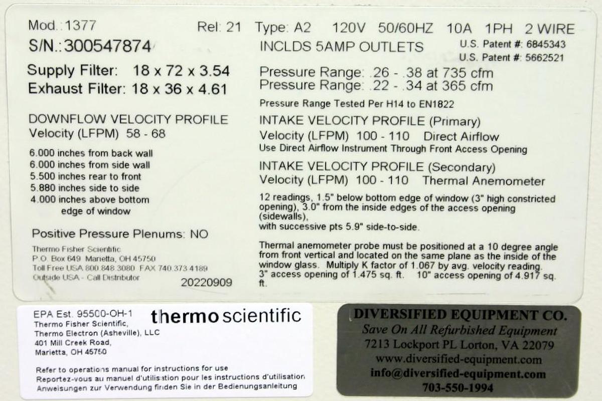 Used THERMO SCIENTIFIC 1377 CLASS II, A2, 6' BIOLOGICAL SAFETY CABINET, 1300 SERIES