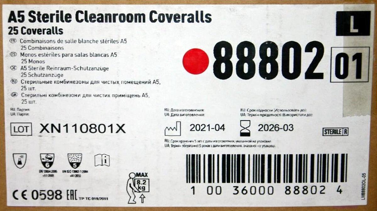 Used KIMBERLY-CLARK KIMTECH A5 STERILE CLEANROOM COVERALLS, L 88802, X-L 88803, PPE