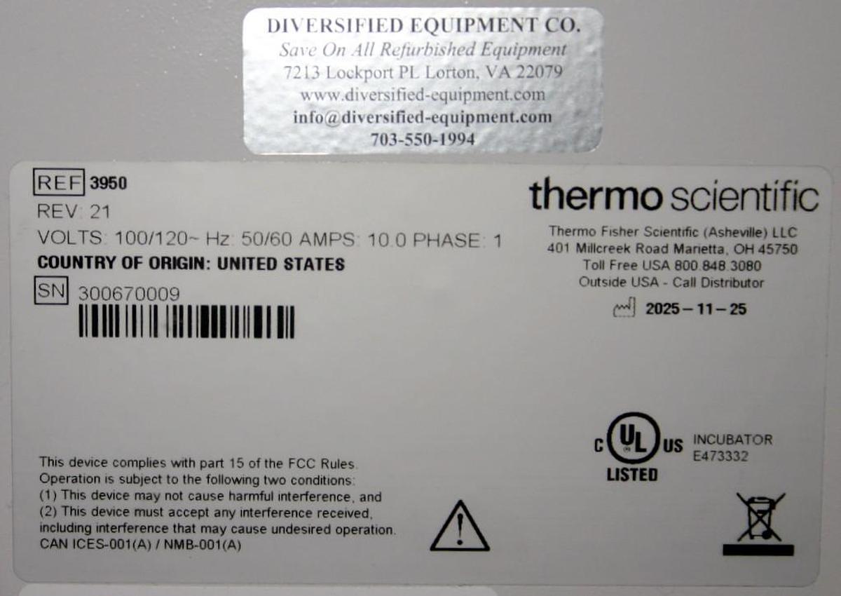 Used 2025 THERMO SCIENTIFIC INCUBATOR, MODEL 3950