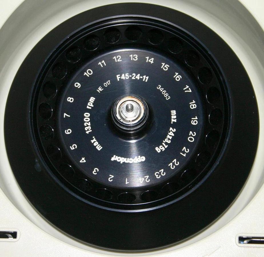 Used EPPENDORF MICROCENTRIFUGE, CENTRIFUGE, MODEL 5415D, W/ F45-24-11 ROTOR AND LID