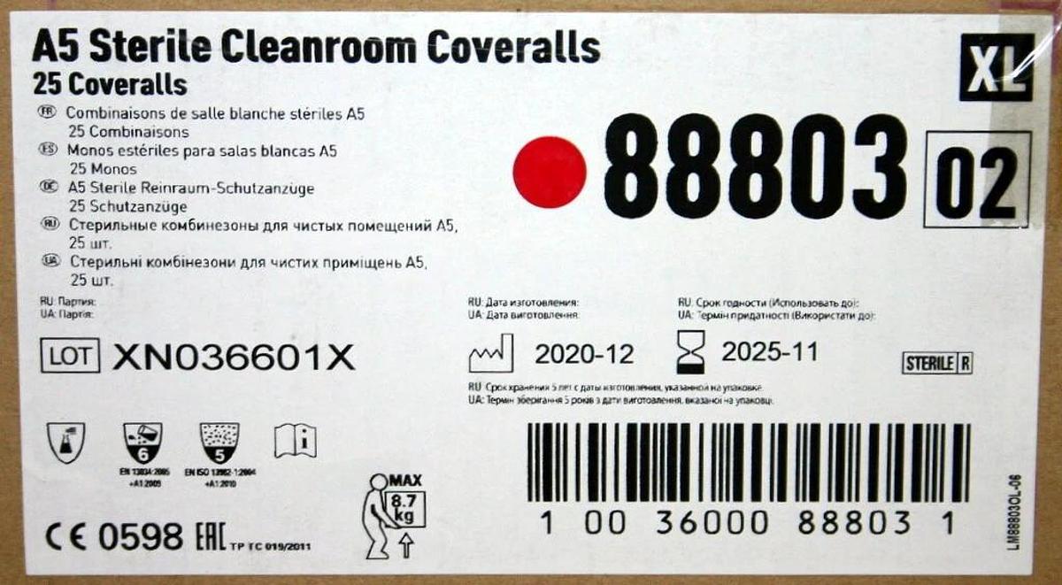 Used KIMBERLY-CLARK KIMTECH A5 STERILE CLEANROOM COVERALLS, L 88802, X-L 88803, PPE