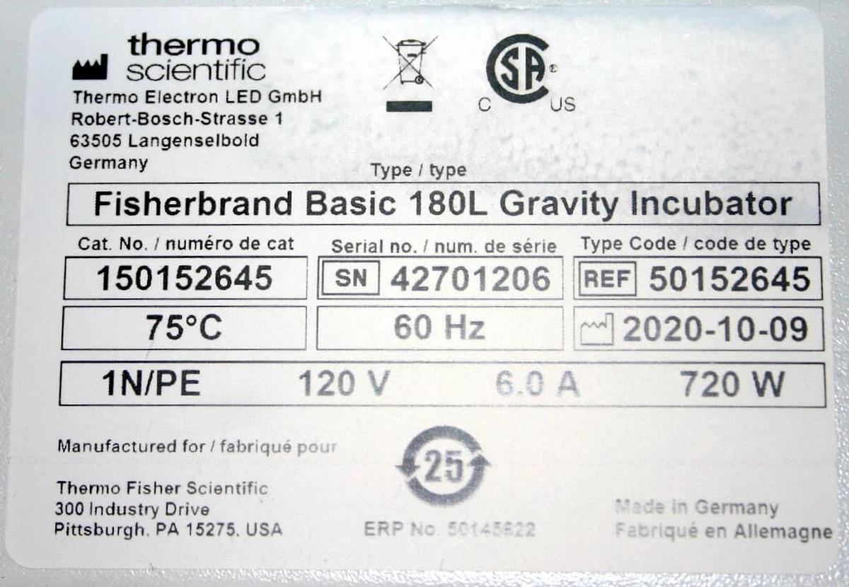 Used THERMO SCIENTIFIC FISHER 180L GRAVITY INCUBATOR, CATALOG NUMBER 50152645