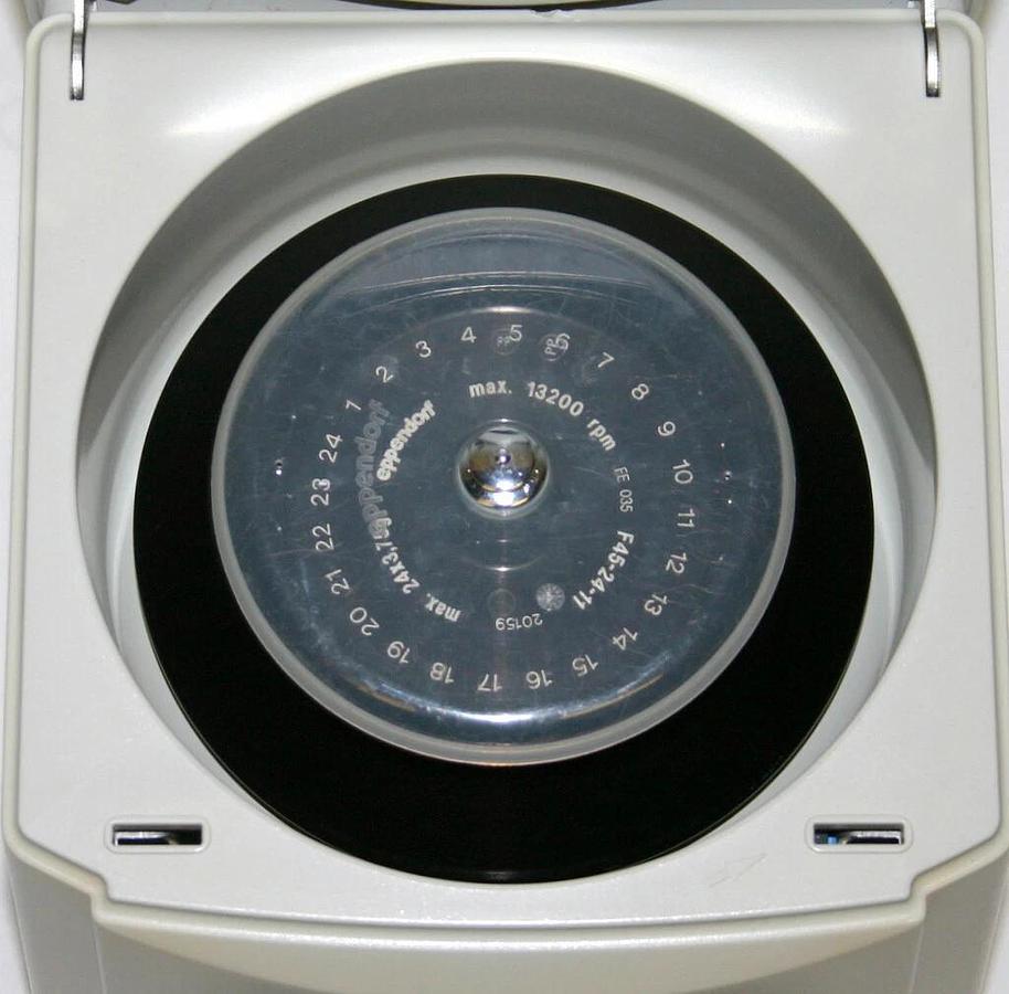 Used EPPENDORF MICROCENTRIFUGE, CENTRIFUGE, MODEL 5415D, W/ F45-24-11 ROTOR AND LID