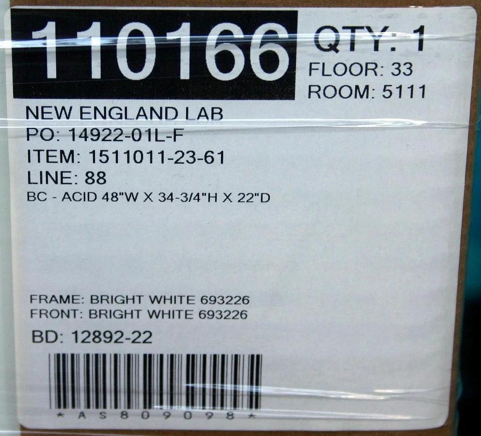Used NEW ENGLAND LAB MOTT ACID STORAGE CABINET, MODEL 1511011-23-61, 48" WIDE
