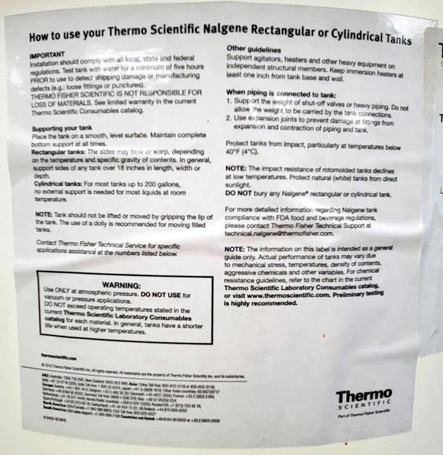 Used THERMO NALGENE HEAVY DUTY CYLINDRICAL LLDPE TANK WITH COVER, MODEL 11100-0150