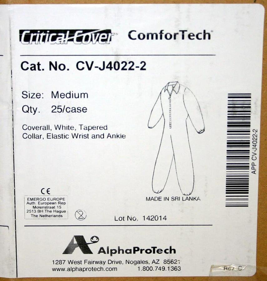 Used ALPHA PRO TECH CRITICAL COVER COMFORTECH COVERALLS, MEDIUM, MODEL CV-J4022-2