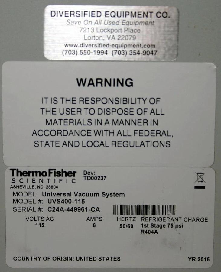 Used THERMO SCIENTIFIC SAVANT UNIVERSAL VACUUM SYSTEM MODEL UVS400