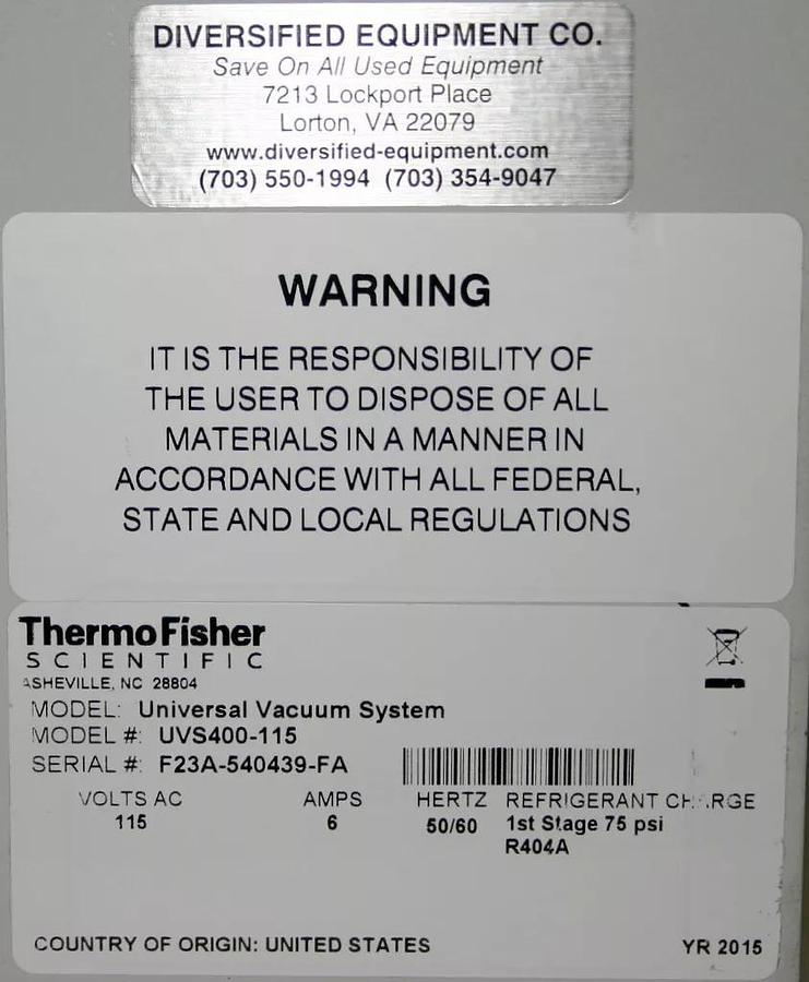 Used THERMO SCIENTIFIC SAVANT UNIVERSAL VACUUM SYSTEM MODEL UVS400