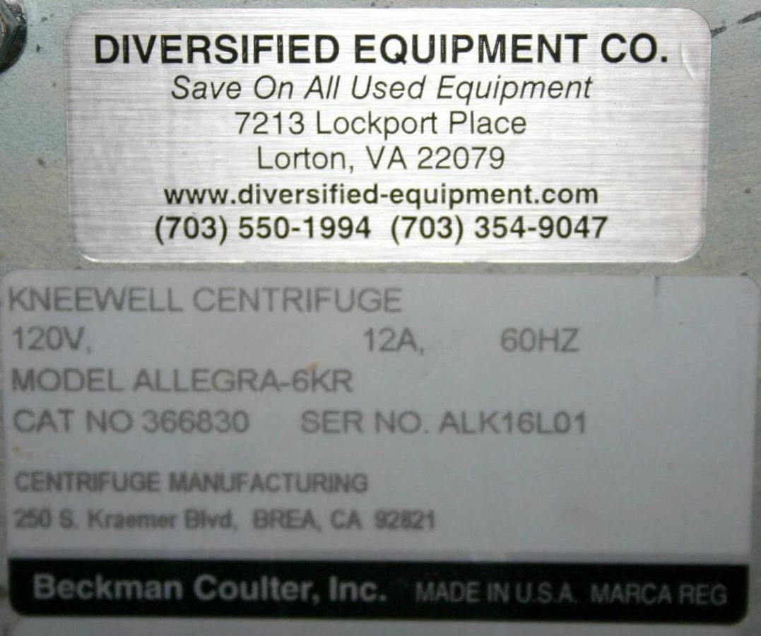 Used BECKMAN COULTER CENTRIFUGE, MODEL ALLEGRA 6KR WITH GH-3.8 ROTOR AND BUCKETS