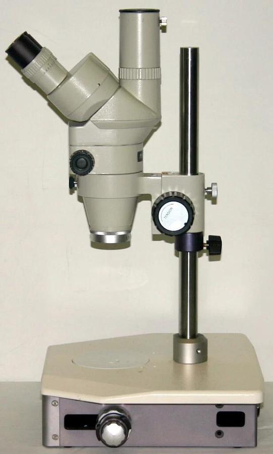 Used NIKON TRINOCULAR STEREOZOOM MICROSCOPE WITH BASE, MODEL SMZ-2T