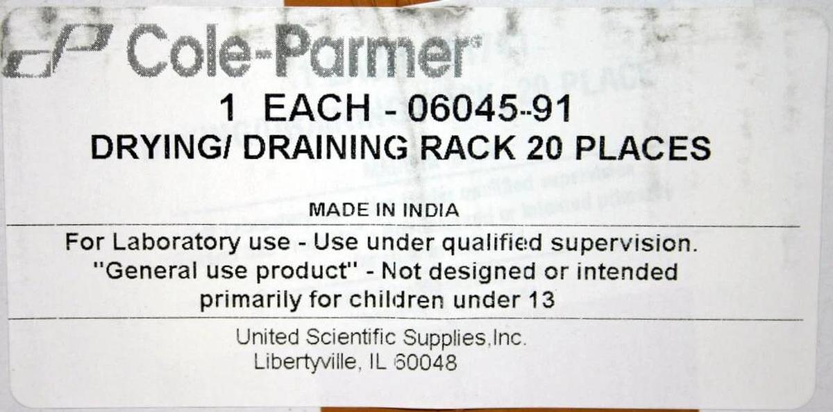 Used UNITED SCIENTIFIC COLE PARMER DRYING / DRAINING RACK, 20 PLACE, MODEL 81741