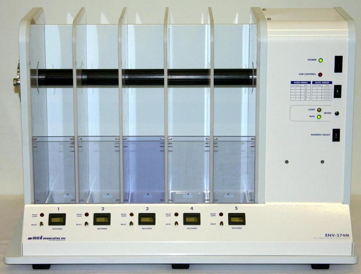 Used MED ASSOCIATES 5 LANE MOUSE TREADMILL, ROTA-ROD, ROTAROD, ROTOROD MODEL ENV-574M