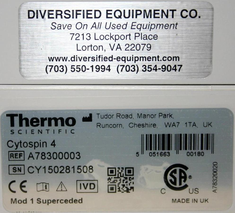 THERMO SCIENTIFIC SHANDON CYTOCENTRIFUGE, MODEL CYTOSPIN 4 WITH ROTOR & 6 CLIPS