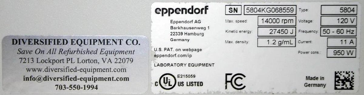 EPPENDORF CENTRIFUGE, MODEL 5804 WITH F-34-6-38 ROTOR