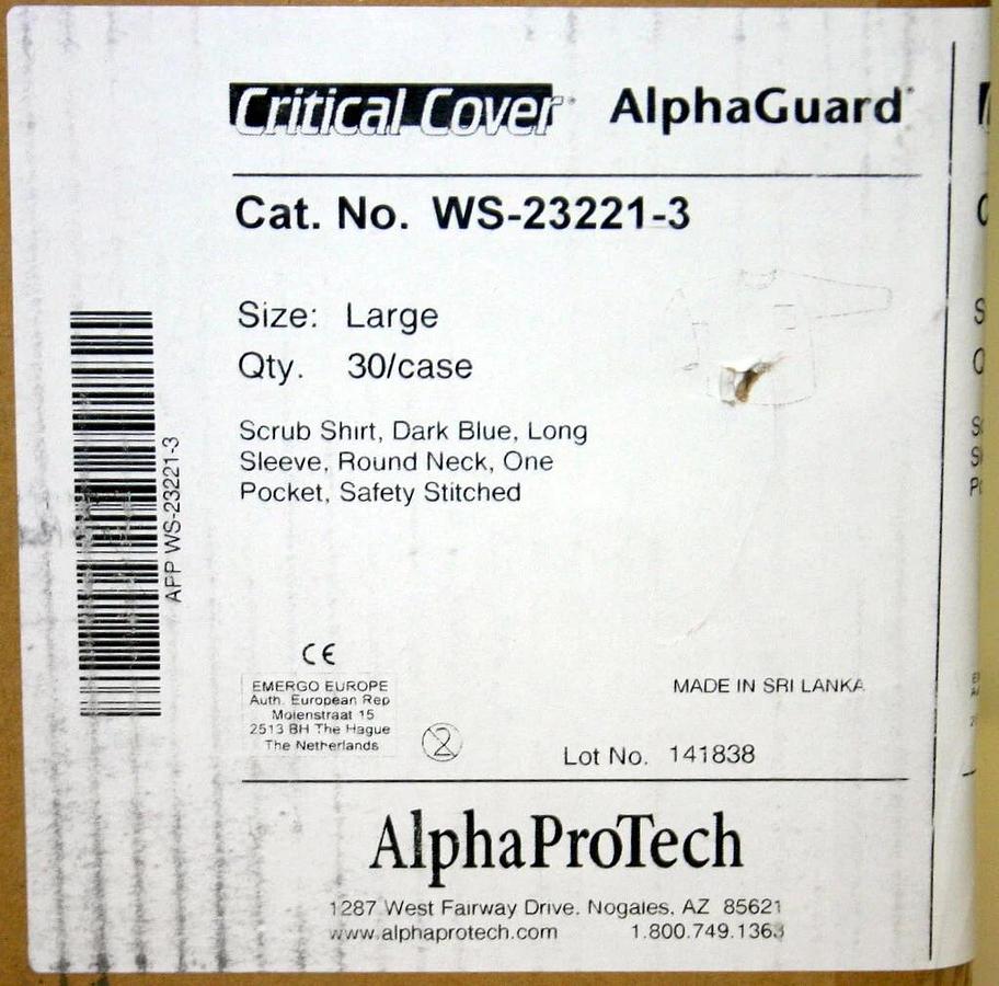 ALPHA PRO TECH CRITICAL COVER SCRUB SHIRTS, DARK BLUE, LONG SLEEVE, ASST. SIZES