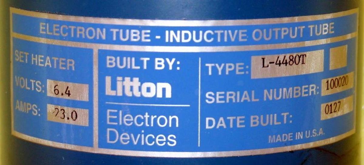 Used LITTON ELECTRON DEVICES ELECTRON TUBE - INDUCTIVE OUTPUT TUBE, MODEL L-4480T