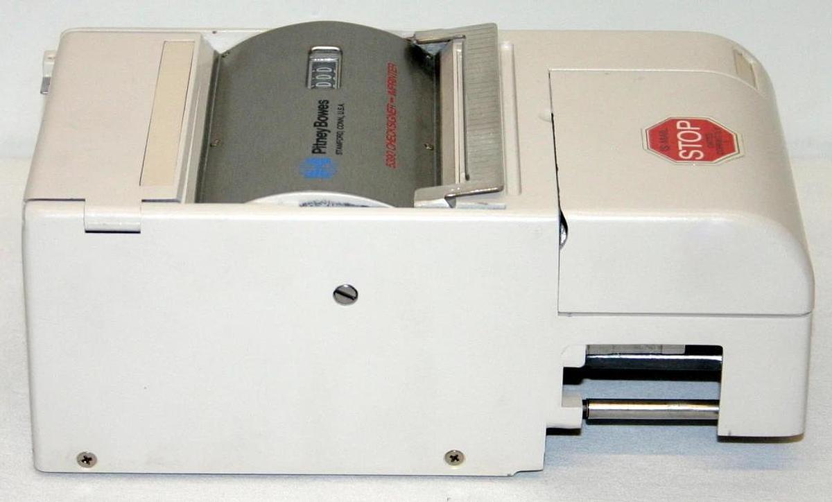 Used PITNEY BOWES CHECK SIGNER-IMPRINTER, MODEL 5390, NEW IN ORIGINAL CASE 5600 BASE