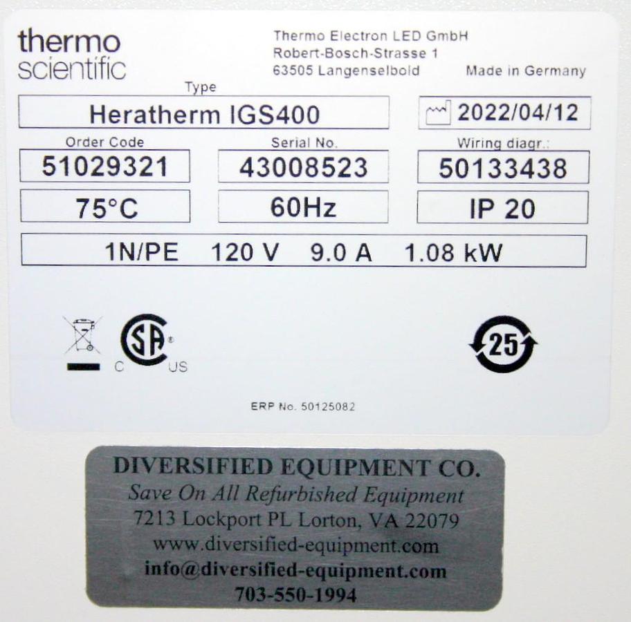 Used 2022 Thermo Scientific Incubator Heratherm IGS400