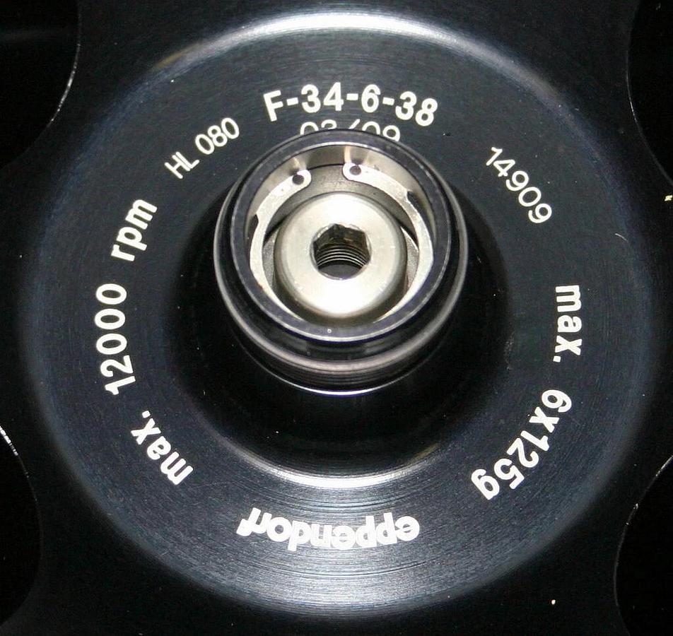 Used EPPENDORF FIXED-ANGLE 6-PLACE ROTOR, MODEL F-34-6-38, 85 ML TUBE CAPACITY