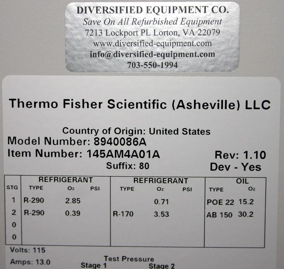 THERMO SCIENTIFIC FORMA 8900 SERIES -86 ULTRA-LOW FREEZER, MODEL 8940086A