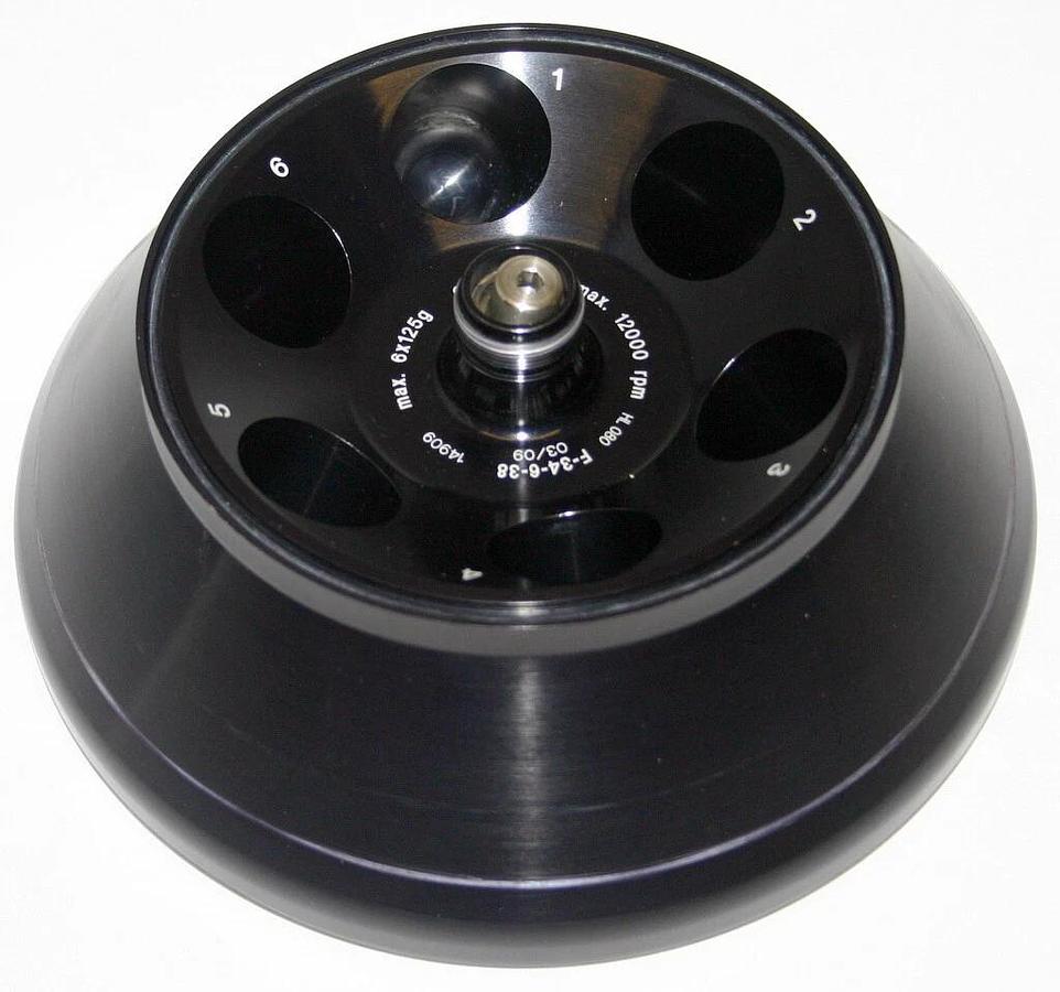 Used EPPENDORF FIXED-ANGLE 6-PLACE ROTOR, MODEL F-34-6-38, 85 ML TUBE CAPACITY