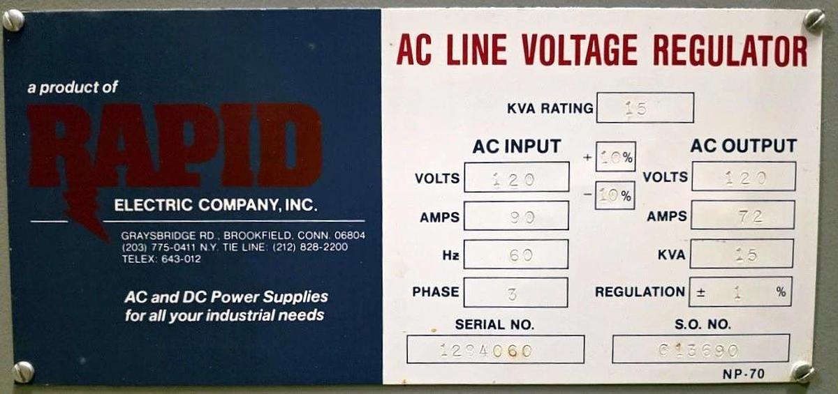 RAPID ELECTRIC AC LINE VOLTAGE REGULATOR 15 KVA 120 VOLT 3 PHASE 72 AMP OUTPUT