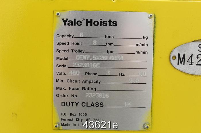 Unused Yale Model CEW7.5X26LG8S4 Overhead Crane, 6 Ton Capacity #43621