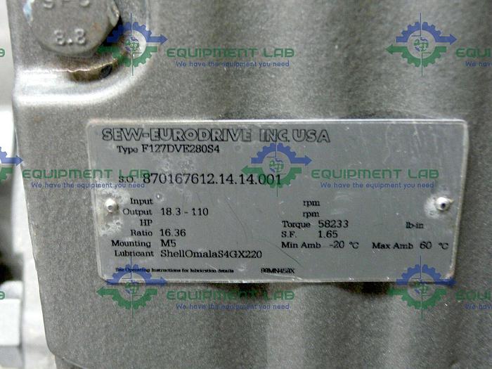 Used SEW Eurodrive Type F127DVE280S4 Industrial Gear w/ 100 HP Motor 58,000  lbs-In