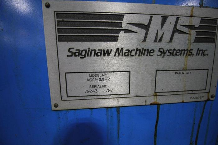 Used SAGINAW MACHINE SYSTEMS AC450MD-2 TWIN SPINDLE VERTICAL CNC LATHE