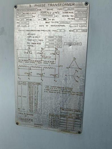 Surplus Carte  7500/10500 kVA Substation Transformer 34,500 Delta - 4160Y/2400
