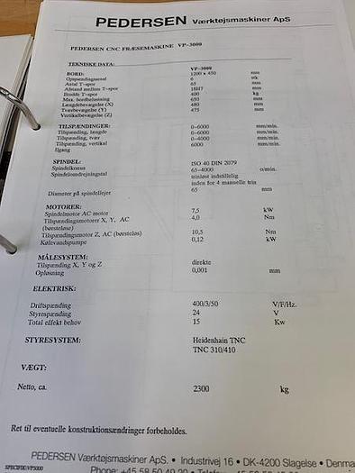 Brugt BRUGT CNC-FRÆSER, FABRIKAT PEDERSEN, MODEL VP 3000 - ÅRGANG 2006