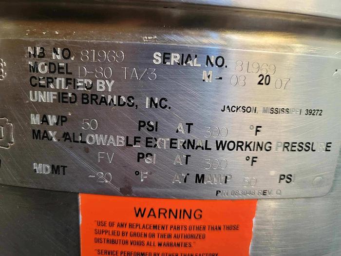 Used GROEN DL-80-80, TA/3 DOUBLE 80 GAL TILTING COOKER MIXER "DIRECT" STEAM KETTLE w/ DUAL AGITATION & SCRAPE SURFACE ! (#780C)