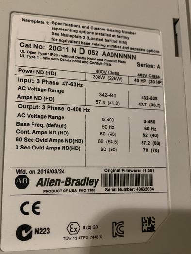 Used ALLEN BRADLEY POWERFLEX 755 DRIVE 40HP