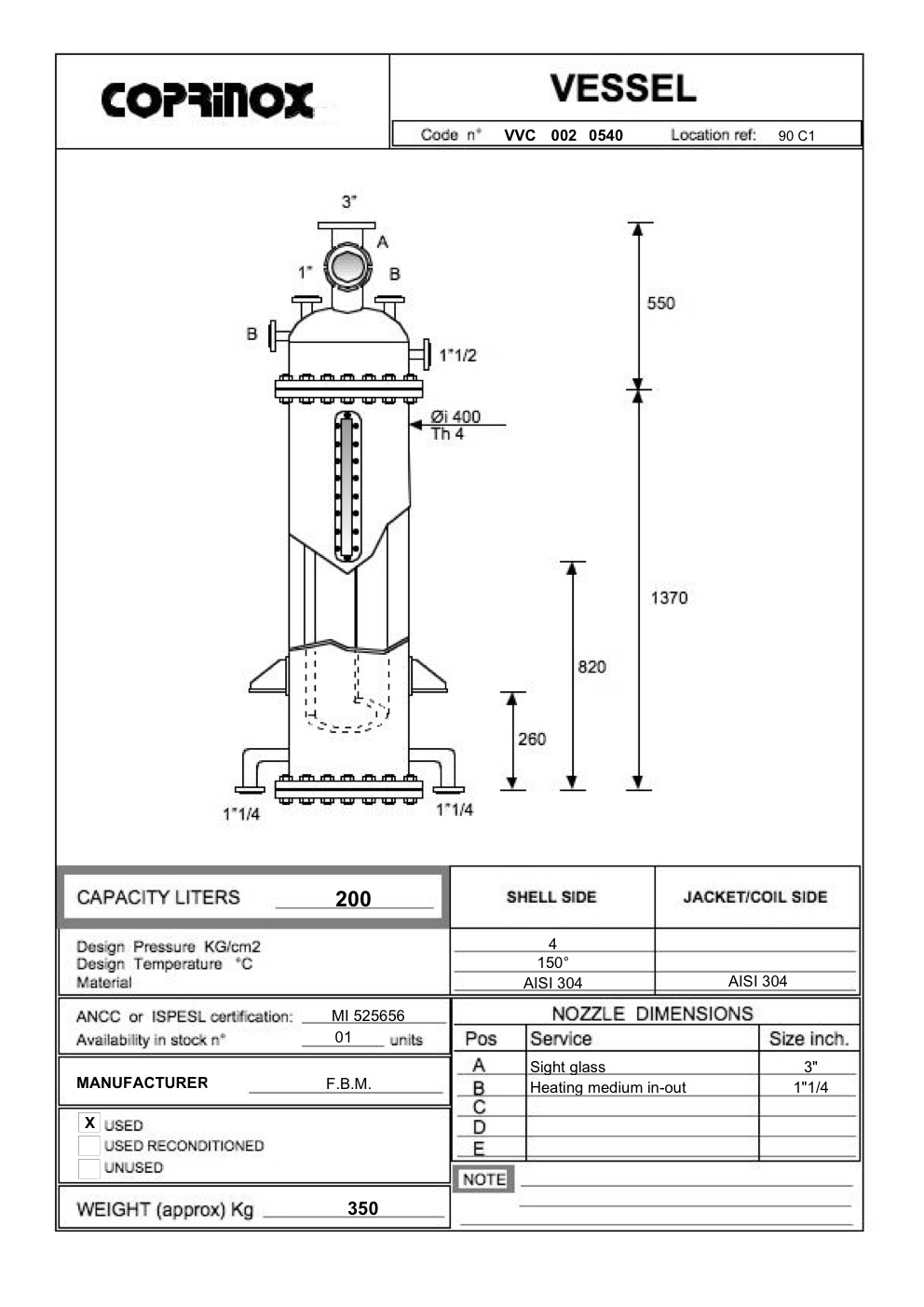 Used Tank F.B.M. of 200 Liters