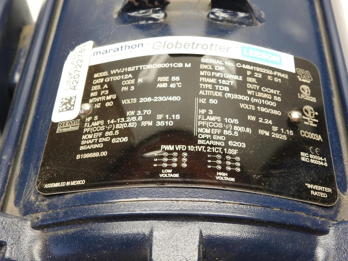 Marathon Leeson 182TTDBD6001 Globetrotter AC Motor 5Hp 3510RPM 230/460V 3PH 182T