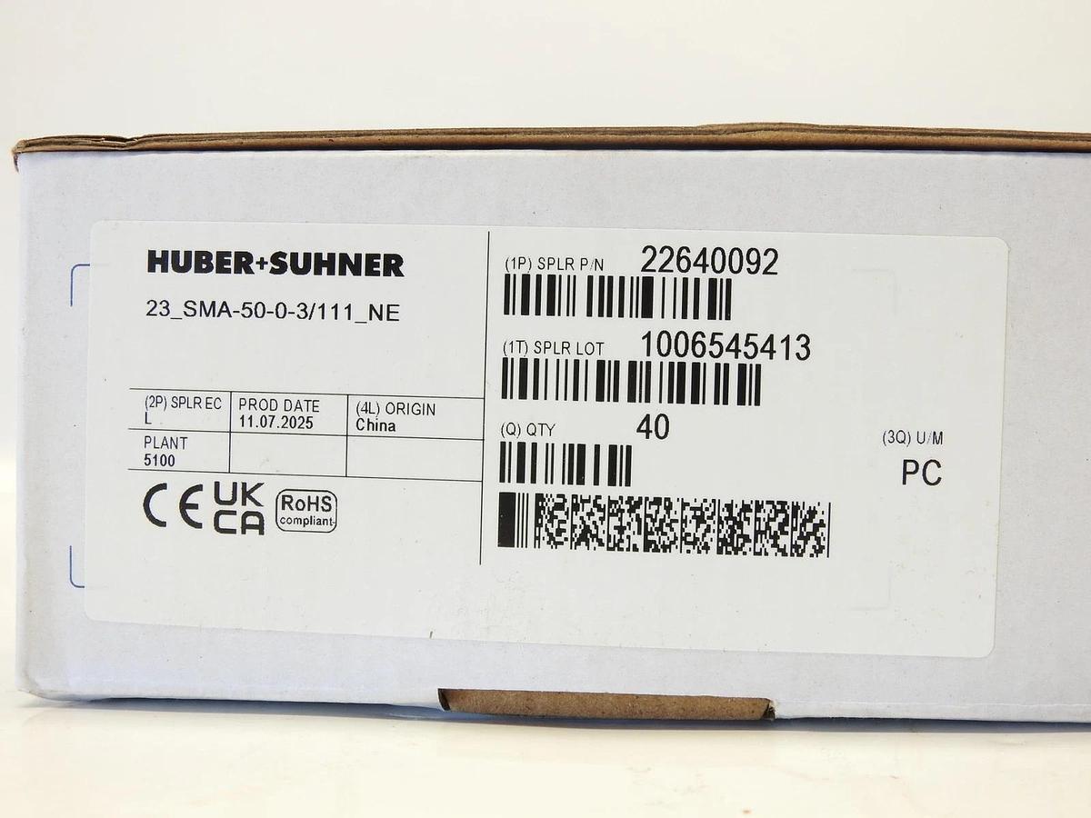 Lot Of 40 Huber+Suhner 23_SMA-50-0-3/111_NE COAXIAL CONNECTOR, SMA, 50 Ohm, Stra
