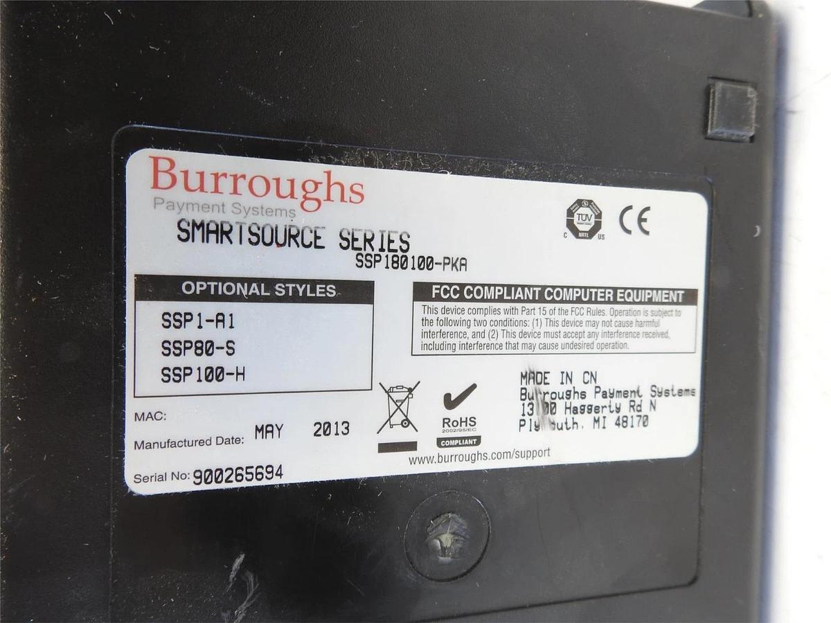 New Burroughs SMARTSOURCE SSP180100-PKA Black 80dpm Check Scanner