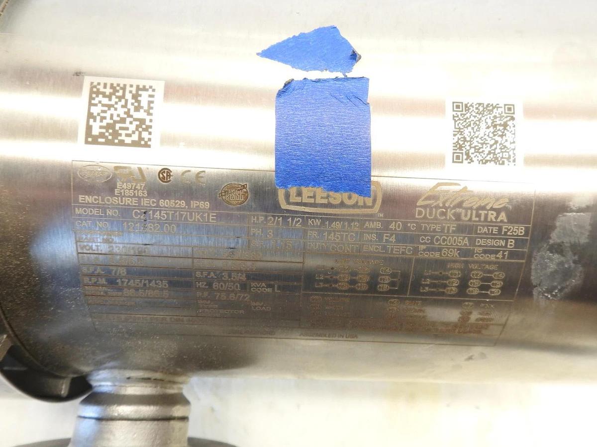 New Genuine Leeson Wash Down Motor, CZ145T17UK1E, 2 / 1-1/2 HP , 230/190 Volt